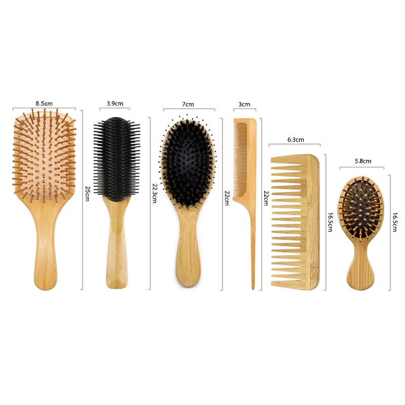 Custom logo brush and wide tooth comb set boar bristles paddle bamboo hair brush for Men and Women curly thick hair