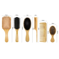 Custom logo brush and wide tooth comb set boar bristles paddle bamboo hair brush for Men and Women curly thick hair