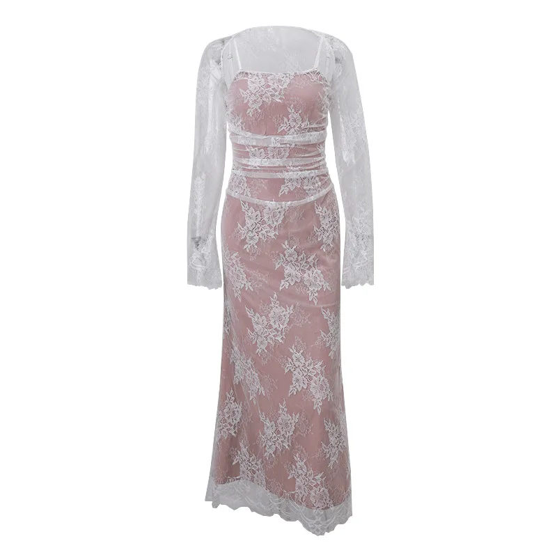 Long Sleeve Wraps and Slip Womens Summer Dresses 2 Pcs Summer Dress Double Layer Lace Up Full Length Elegant Women Lace Dresses