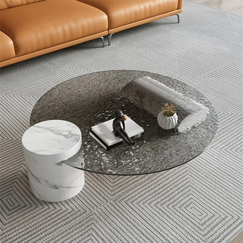 Round Glass Modern Coffee Table with White Marble Abstract Base and Scratch-Resistant Tempered Glass Tables