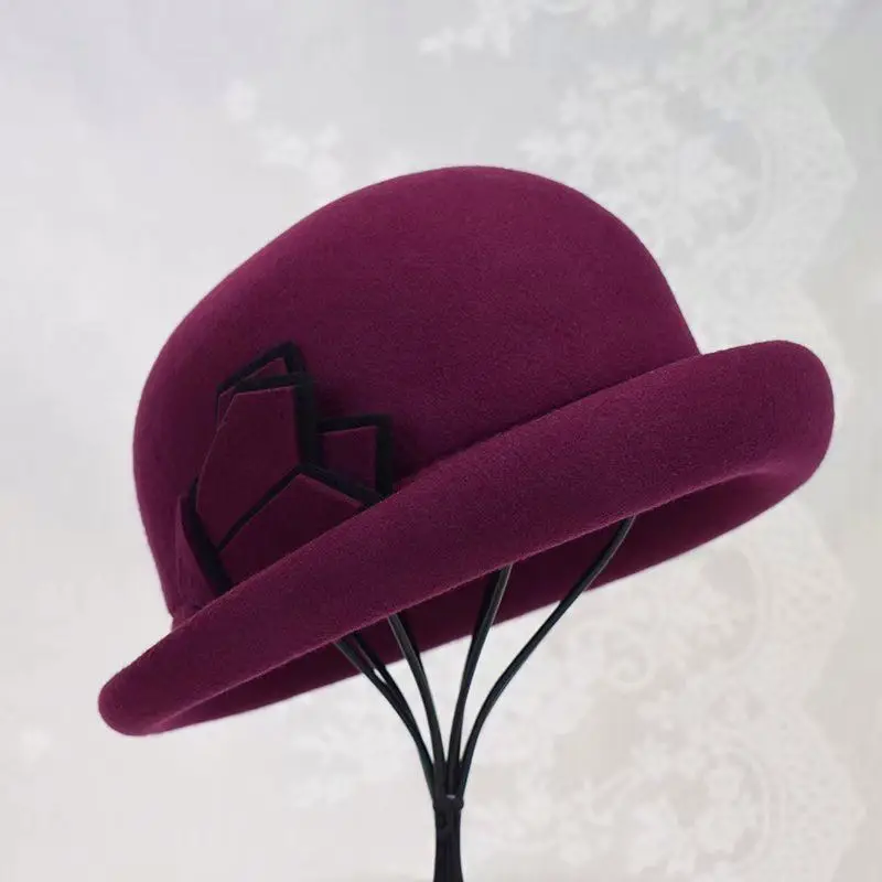 STS Fashion New Bowler Derby Hat 100% Wool Felt Hat Embellishment Double Mold Pointy Beret Hat For Women