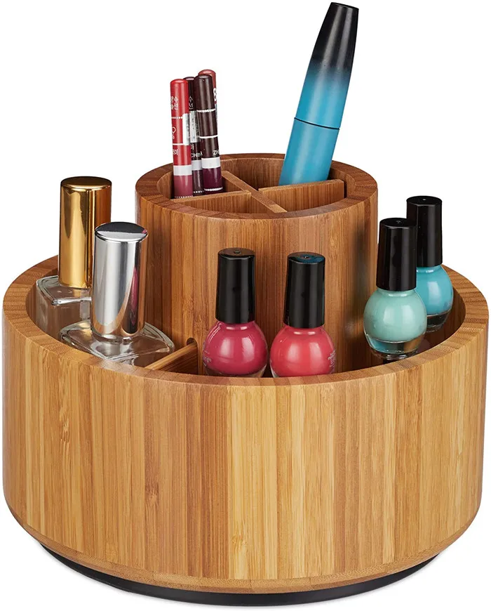 Natural Bamboo Make Up Organiser 360 Rotating Round Brush Lipstick Cosmetic Pen Holder