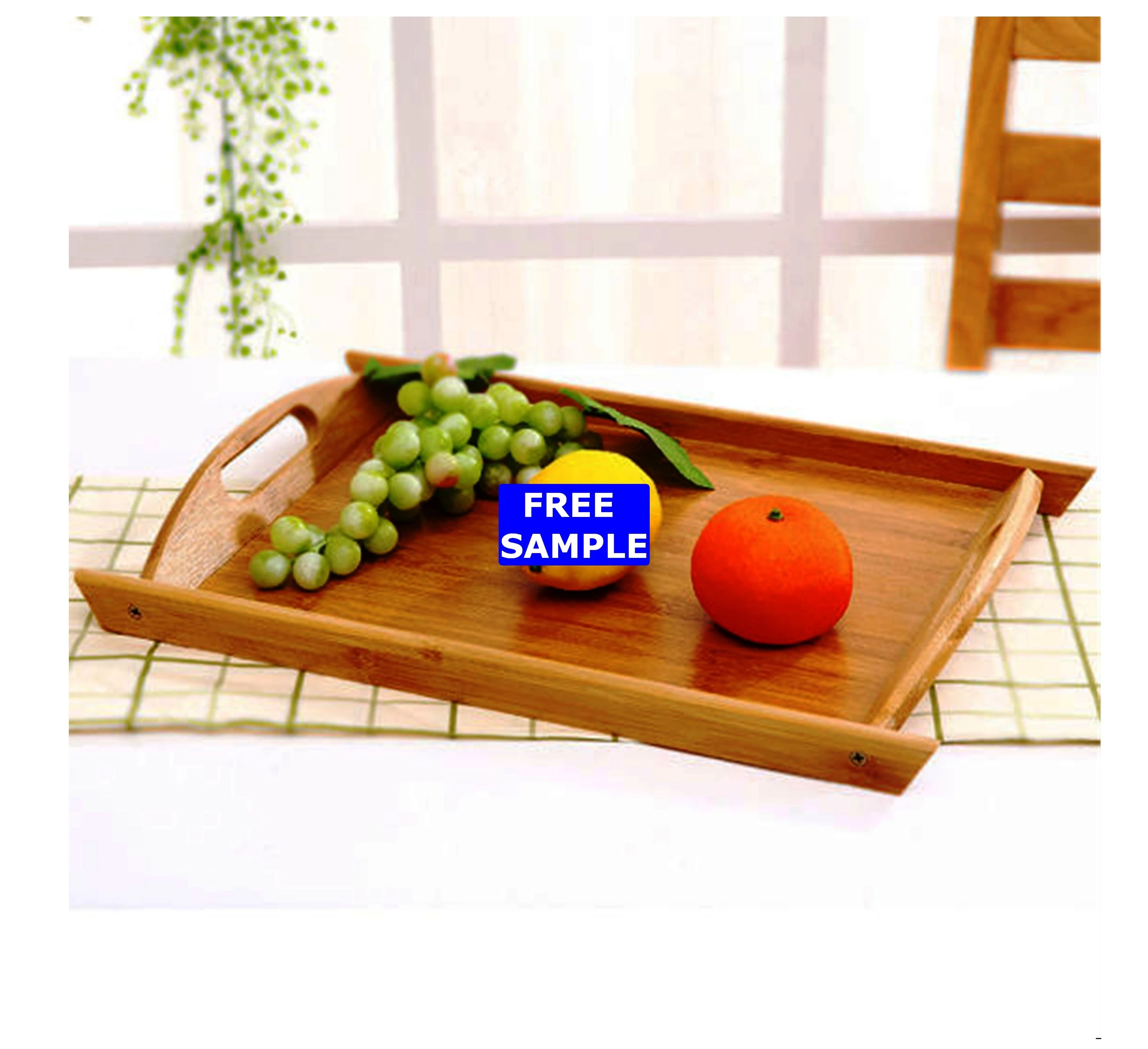 Melamine Bottom Wooden Food Bamboo Fiber Serving Tray with Handle Hand crafted wooden Hand painted Decorative serving tray