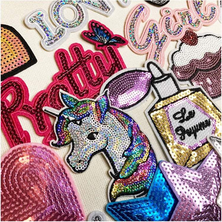 Custom western sorority Sequin hat patches sequin smiley flowers star tiger Embroidery heat press iron on patch For Clothes