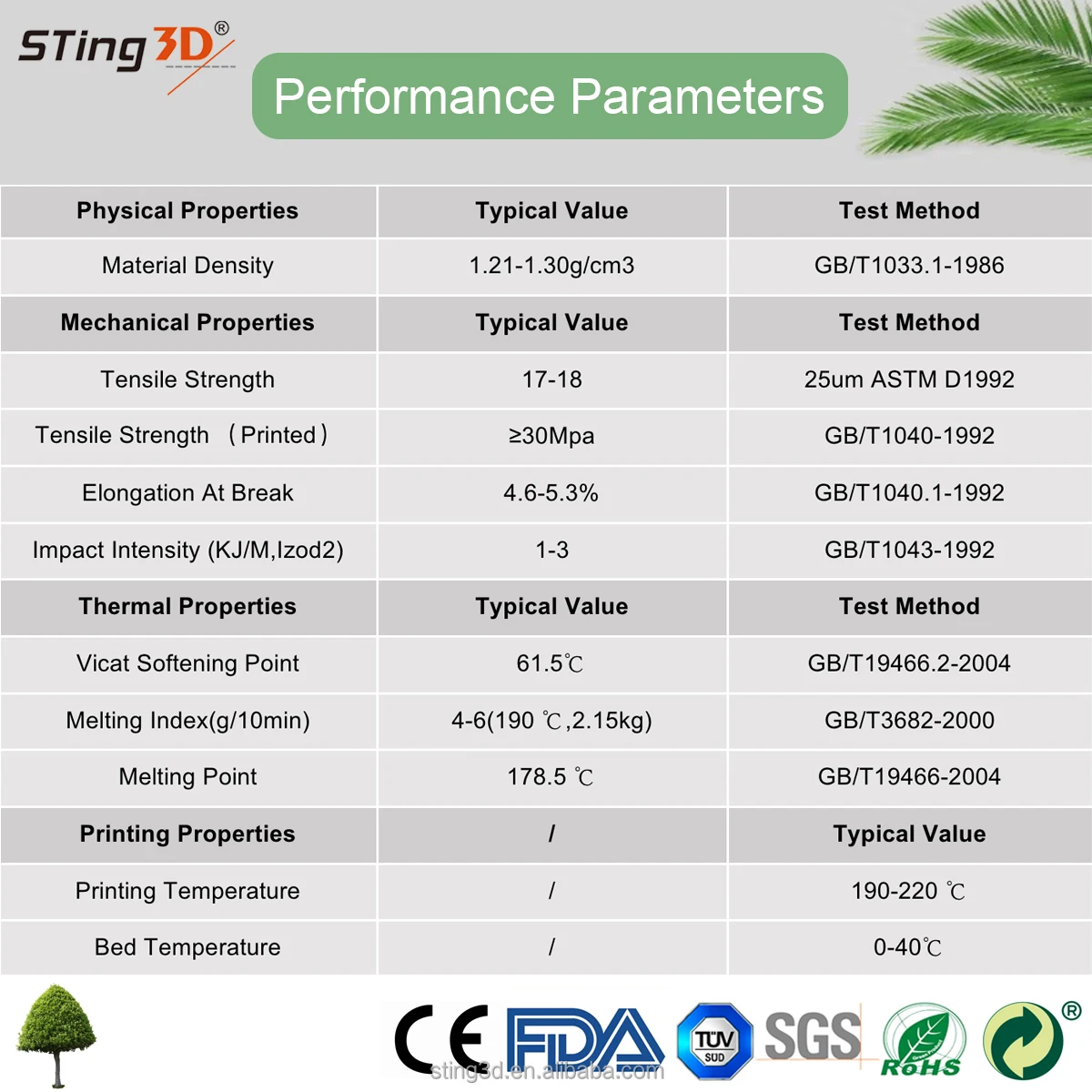 Sting3d filamento PLA 3d printer plastic filament 1.75mm PLA/ABS/PCL/PETG/TPU/HIPS/PP/WOOD etc 3d printing filament 1kg