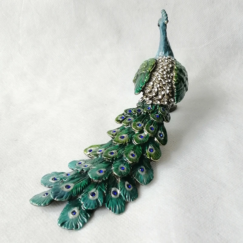 Green Jeweled Peacock Trinket Box Handmade Zinc Alloy Jewelry Box Standing Peacock Statues With Long Tail