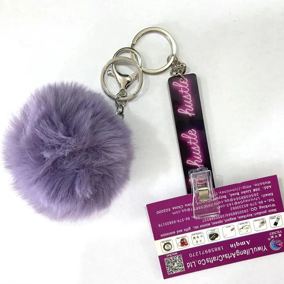 Factory Wholesale Logo Printed Card Puller Custom Your Own logo Long Nails Puff Fur Ball pompom keychain with clip