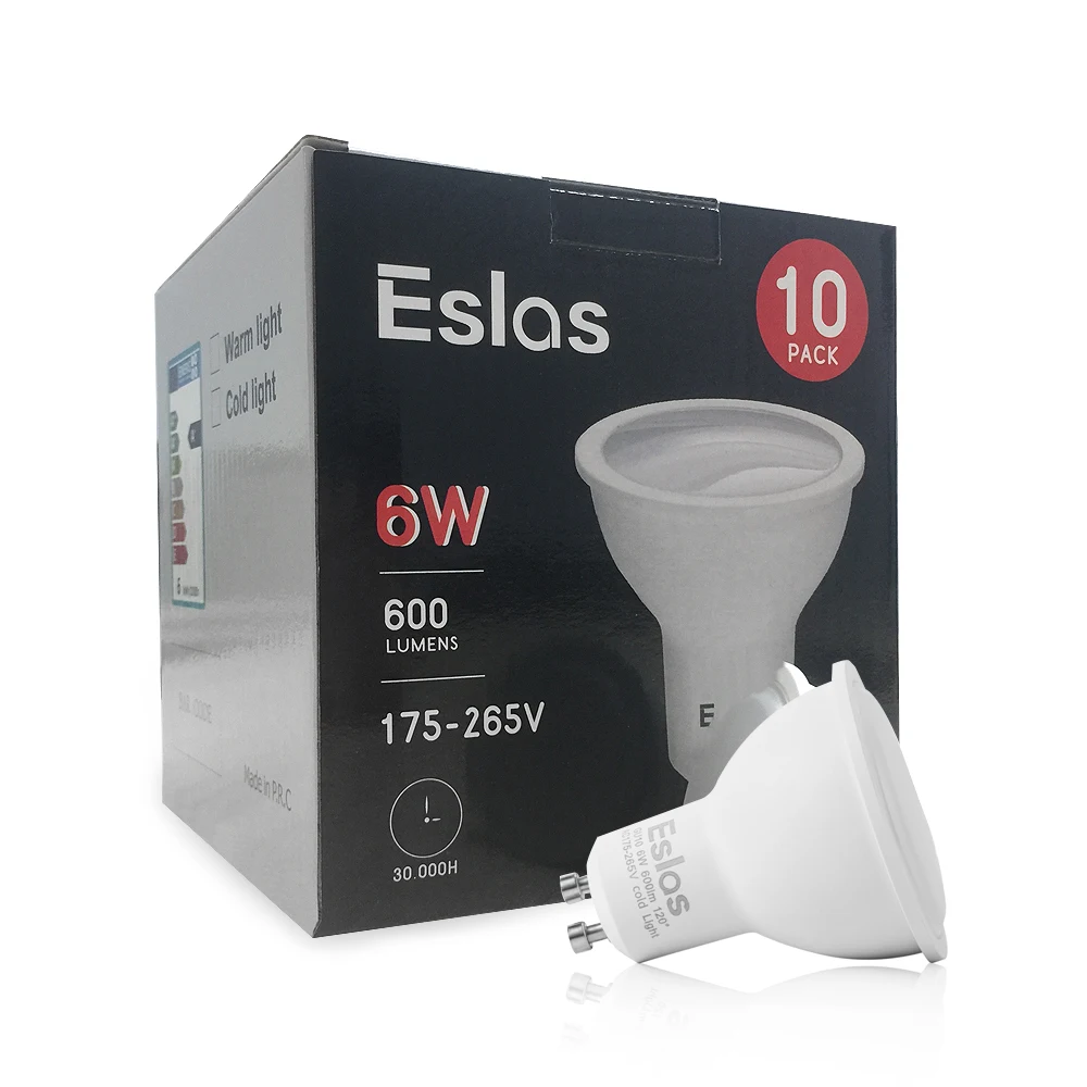 
Eslas New Arrival Free Sample 6W Warm White Cold White GU10 LED Spot Light Bulb for Indoor Lighting 