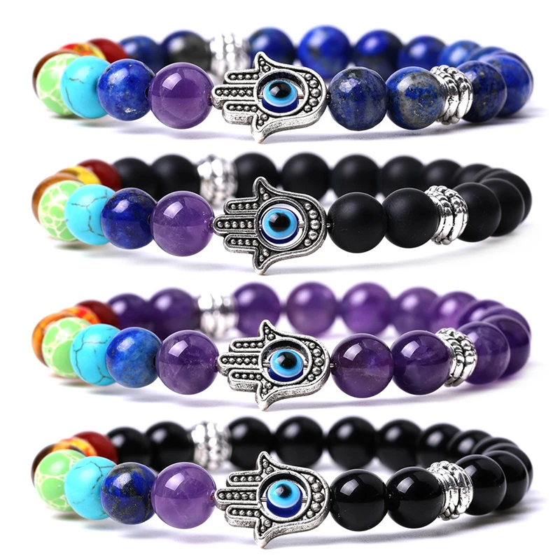 Wholesale Charm Fatima Hasma Hand Evil Eye 7 Chakra 8mm Amethyst Lava Agate Quartz Bead Women Healing GEM Natural Stone Bracelet