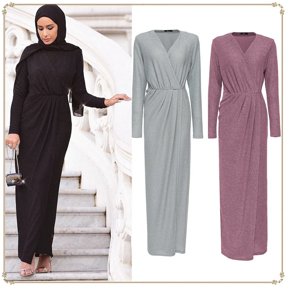 HJ ZMD07 Stretch Glitter Knit Indonesia Dress Muslim + Habaya Dubai Women Hijab  Muslim Dress
