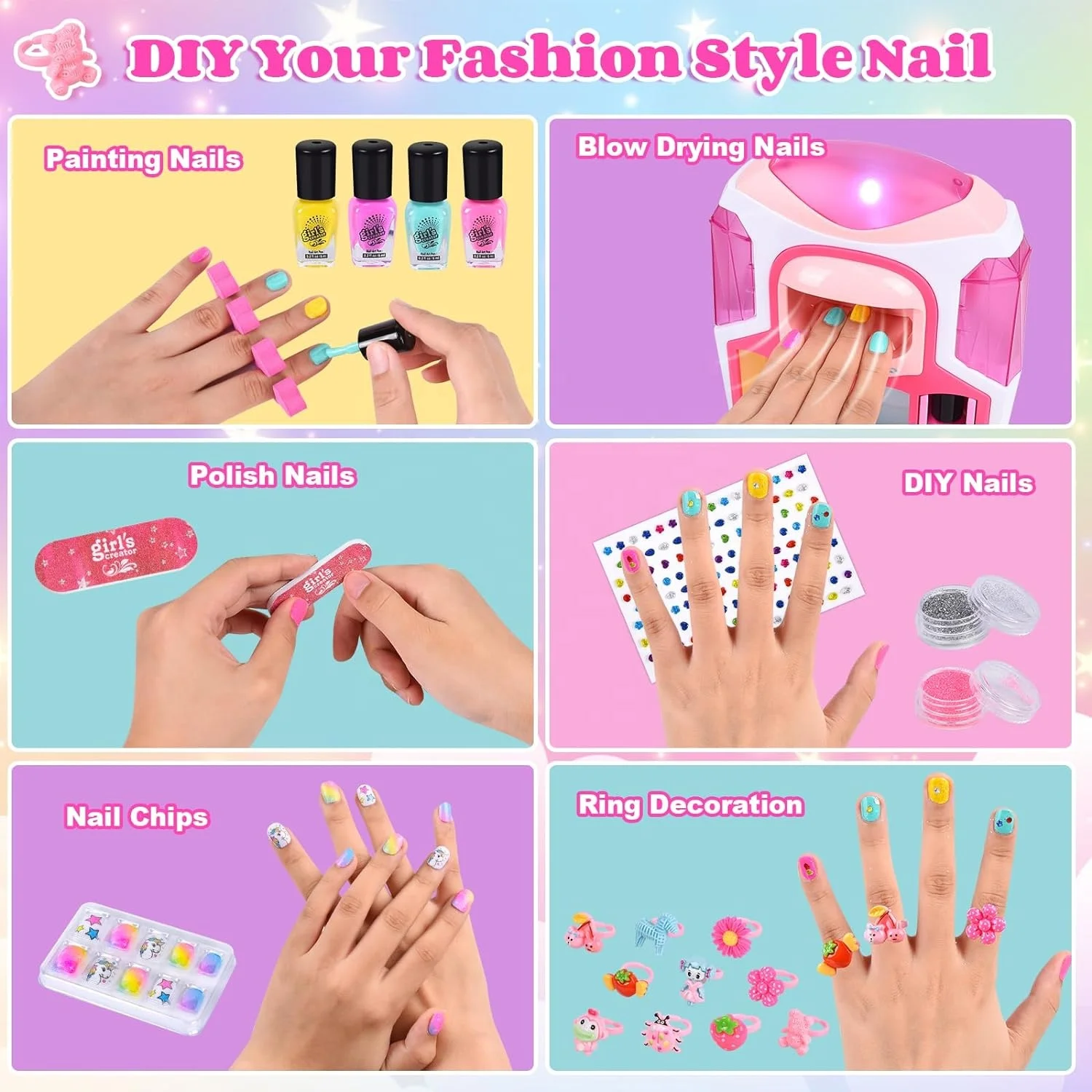 2 In 1 Nail Dryer Set Kids Nail Polish Kit for Girls DIY Sticker  Fashion Icons Stickers Nail Studio Manicure Play Party Gift