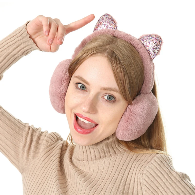 Winter new students sweet and cute cartoon sequins cat ears girl plush warm folding earmuffs