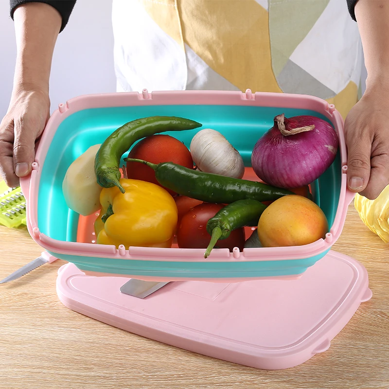 2024 New Design Kitchen Tools dishwasher safe Multifunctional Cutting Board Set With Folding Drain Basket