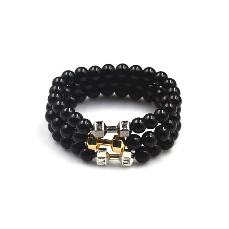 Cheap Hight Quality Natural Stones Wrap Tiger eye Stone Charm Beads Bracelet Black Agate Dumbbell Fitness Hematite Bracelet