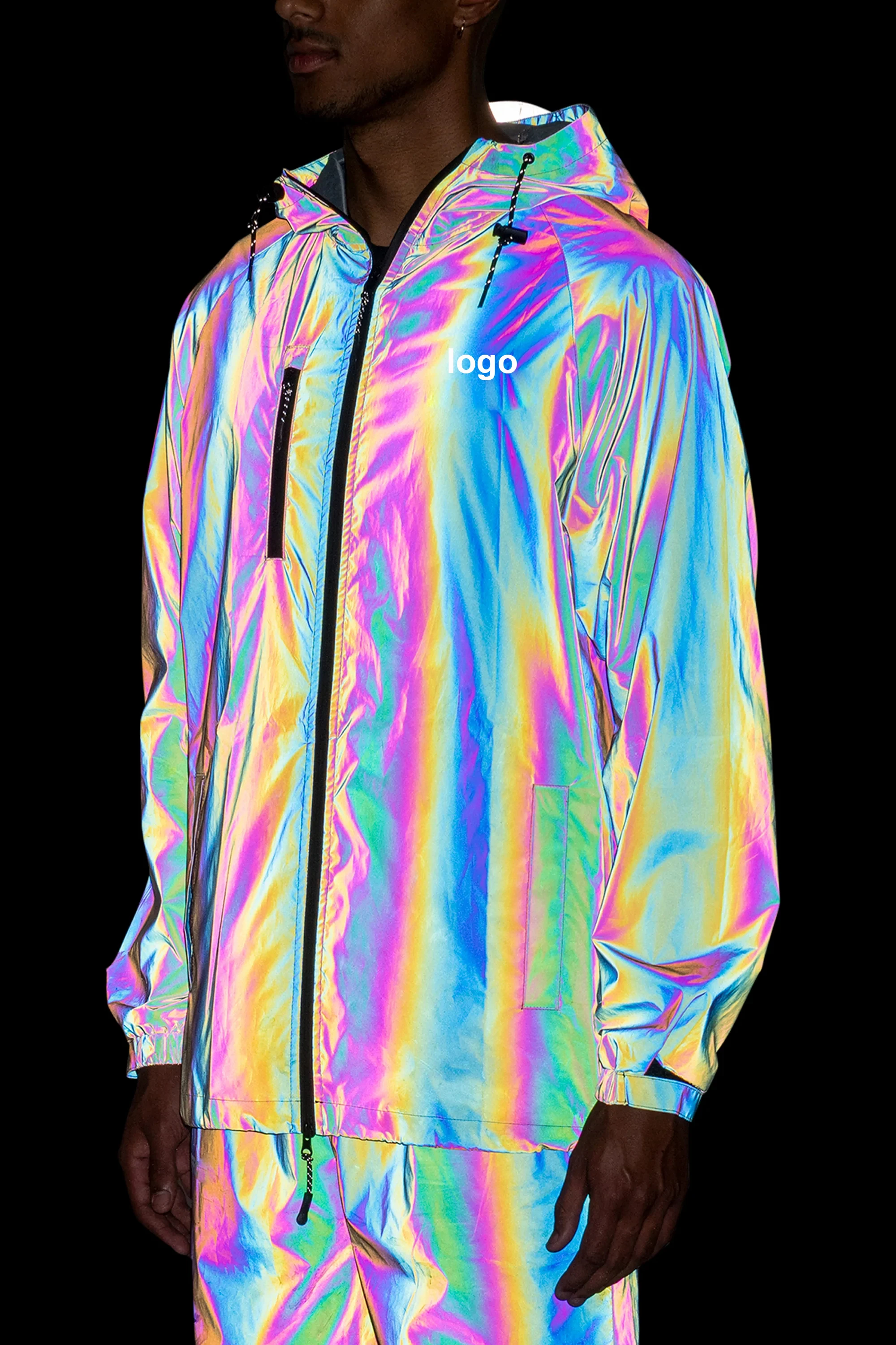 Hot Selling Activewear Mens Hooded Jacket With Zipper Rainbow Reflective Jackets