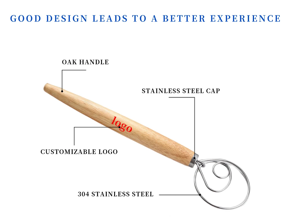 XL Baking Tools Cake and Pastry Wooden Handle  Stainless Steel Bread Danish Dough Whisk Blender Dutch Bread Mixer