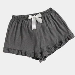 Wholesale Elastic Waist Ruffle Hem Bow Rayon Fabric Sleep Shorts, Women Short Bottoms