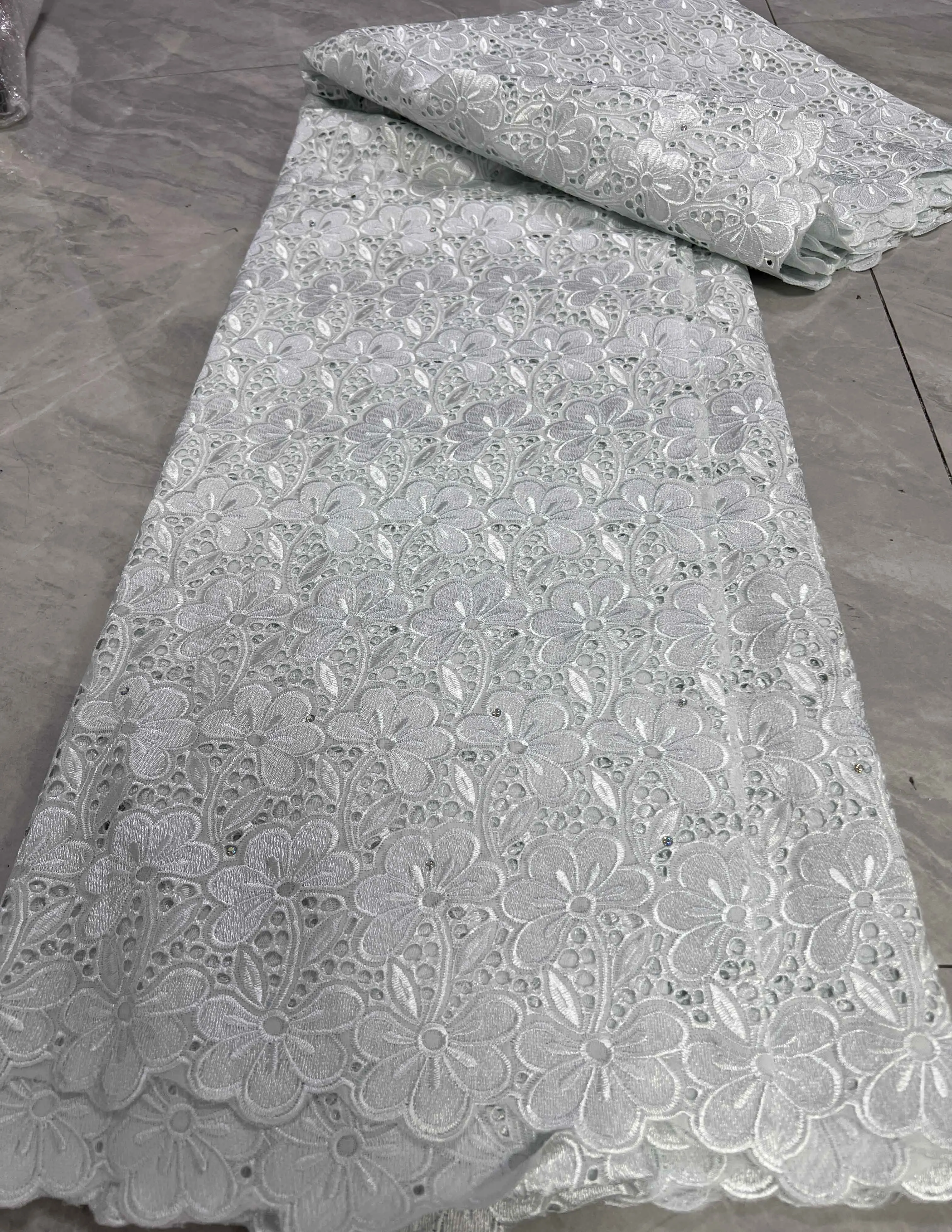 High quality women party pure white embroidery cotton lace with stone for nigerian bridal