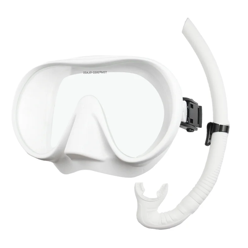 New arrival professional tempered glass single lens Frameless wide view anti fog snorkel scuba diving mask and soft snorkel