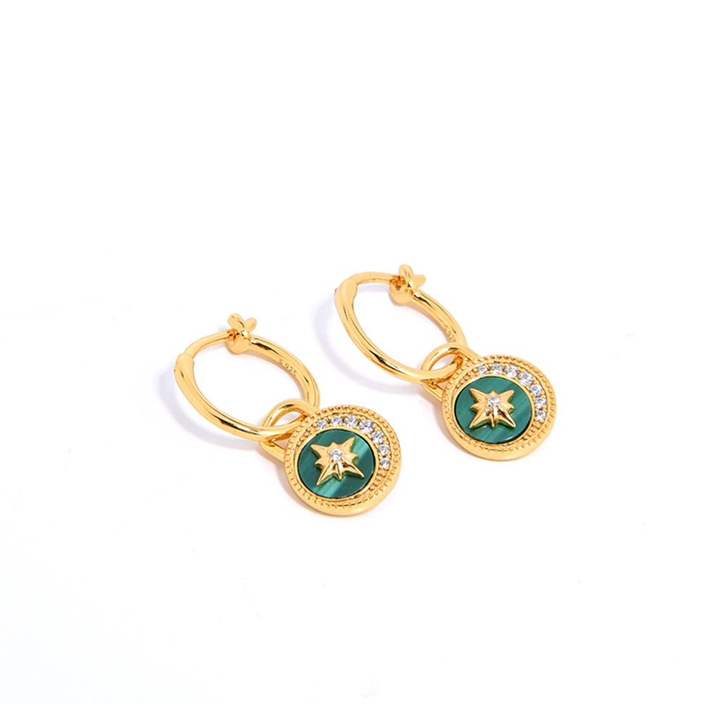925 Sterling Silver 18K Gold Plated Fashion Jewelry Black Onyx Stone Green Malachite White Shell Gemstone Moon Star Earrings