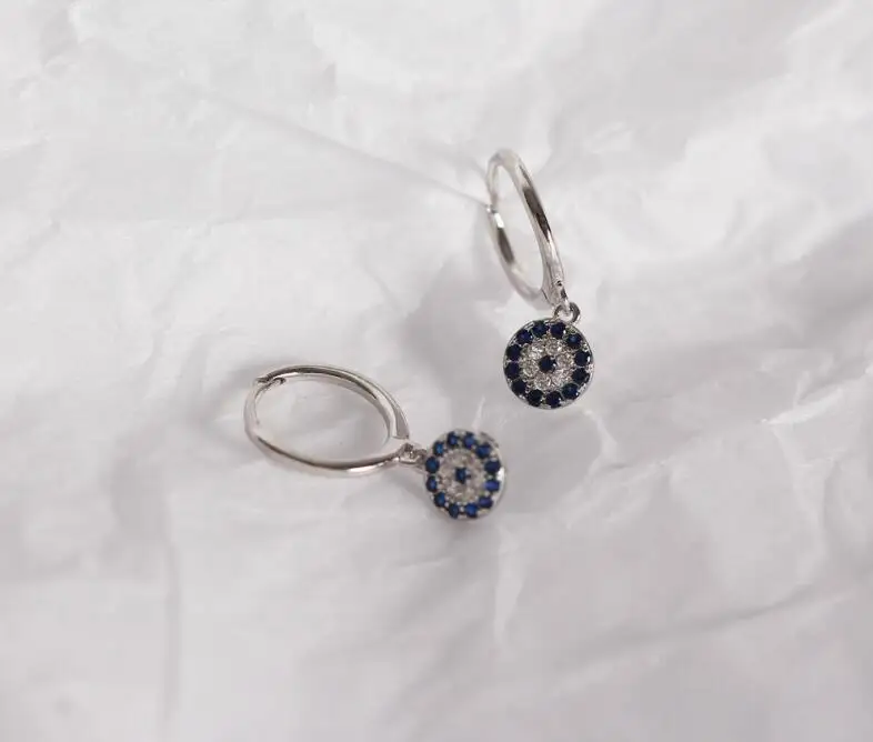 Trendy 925 Sterlings Silver Small Hoops Mini Paved Coin Disc Blue Crystal Stone Nickel Free Earrings