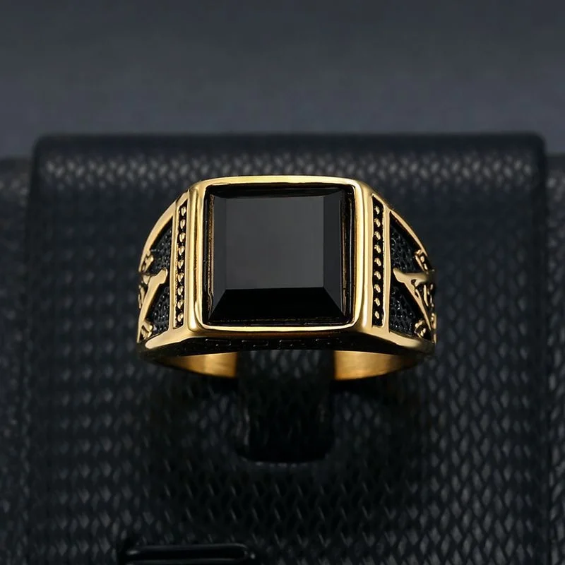 Classic vintage black stone ring titanium steel gold-plated black agate Masonic AG mens stainless steel rings