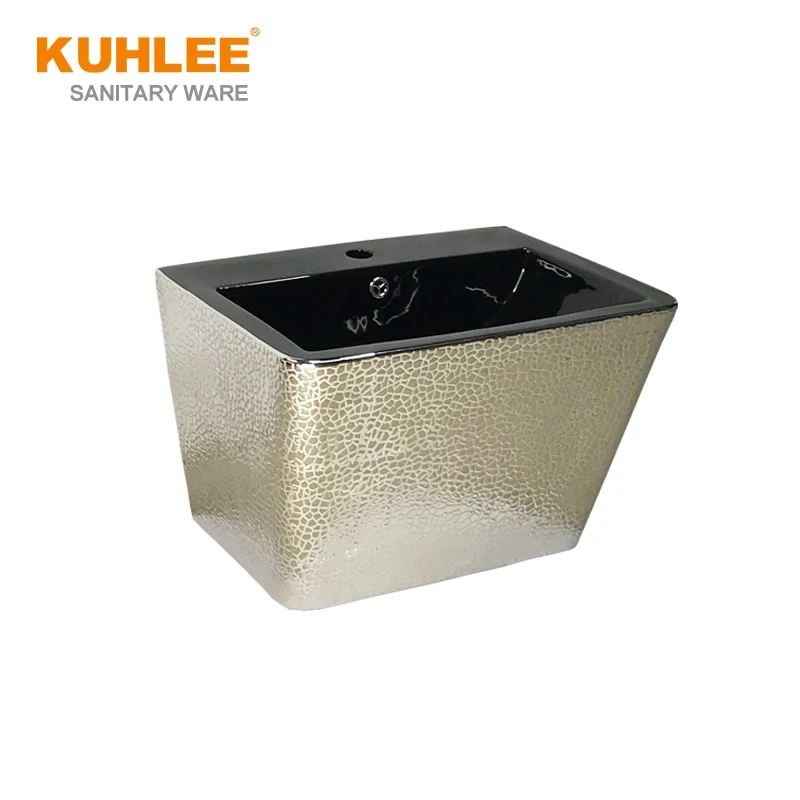 Luxury Square Sink Bowl Silver Gold Plated Hand Wash Ceramic Wall Hung Basin For Bathroom