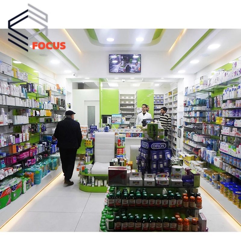 2023 Retail Pharmacy Store Display Racks Furniture Wooden Pharmacy Shelves Medical Shop Interior Design