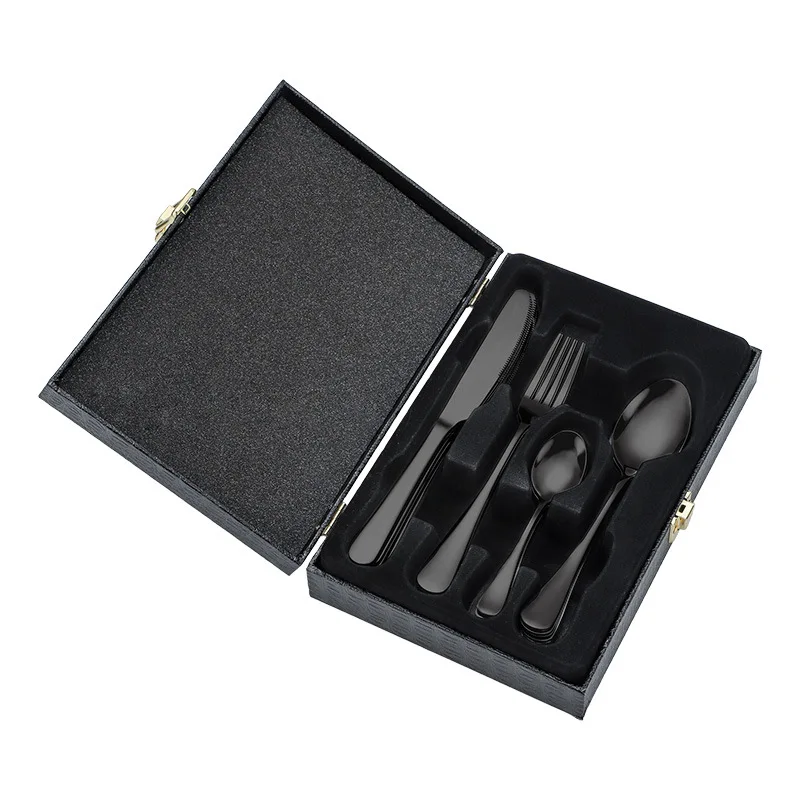 cubiertos luxury stainless steel knife spoon fork set 24 Pieces for 6 gold flatware Cutlery Set with black gift wood packing box
