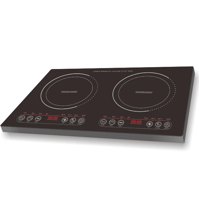 Top sell item 2 burners electrical induction cooker with A grade crystal panel 4 digital display and 8 functions black color