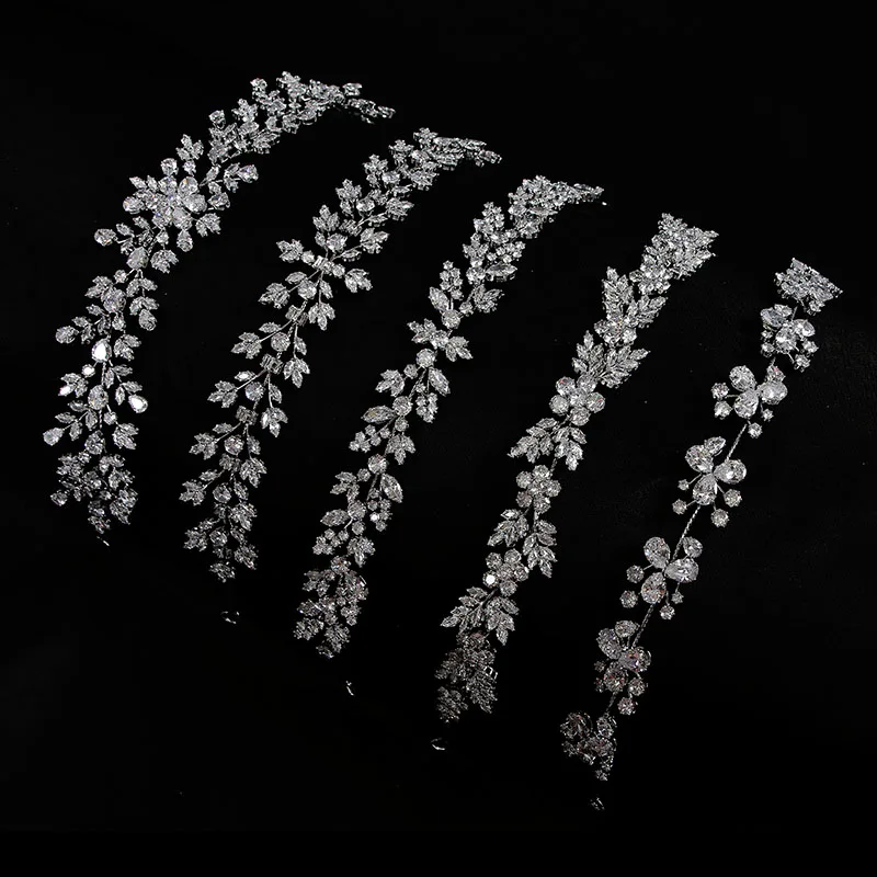 Женская тиара с фианитом SLBRIDAL, роскошная Гибкая повязка на голову для невесты, свадебные аксессуары для волос с фианитами, украшения для вечеринки