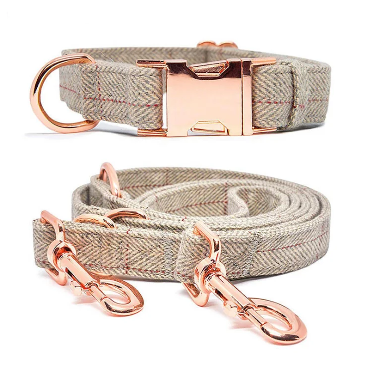 Wool cloth fashion dog collar rose gold buckle cotton soft adjustable dog collar and leash set