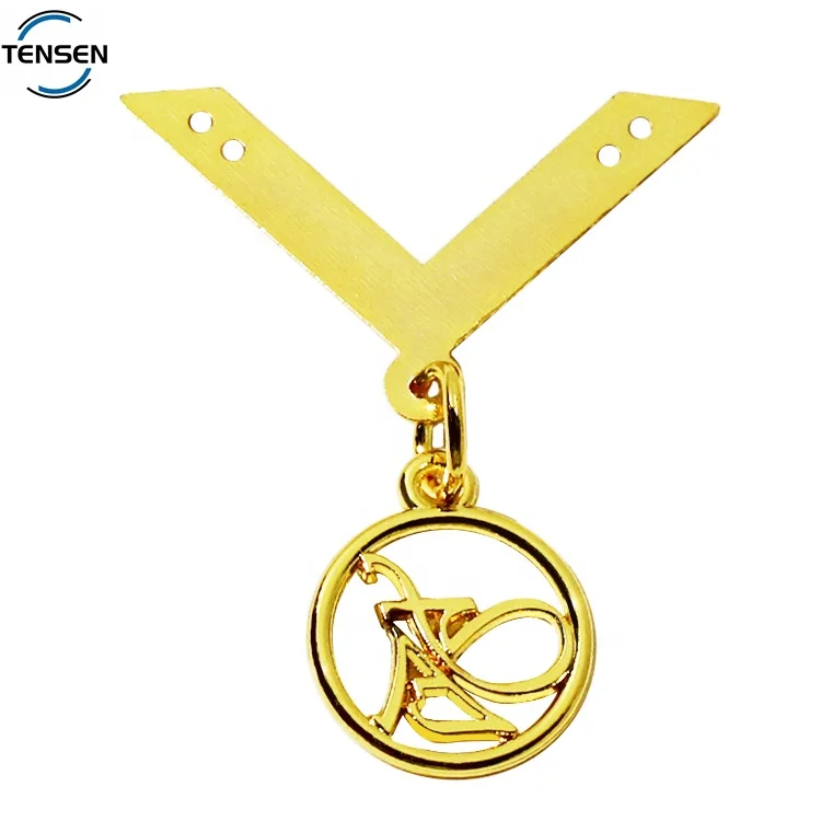 Fashion garment accessory metal name tags gold plated enamel letter label clothing sewing plate with round logo