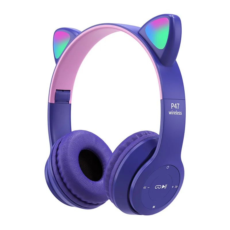 Hot sale Cute Cat ear Wireless headphone with LED light wireless earphone headphones support TF gaming headset for children