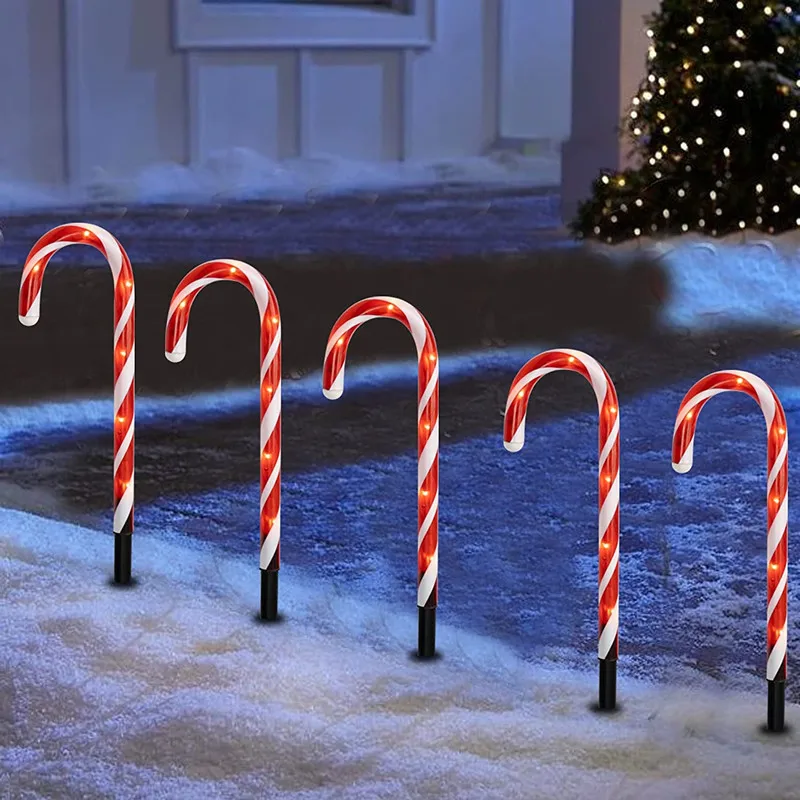 5 in 1 Christmas Candy Cane Pathway Markers, 37cm Xmas Candy Cane Stake Lights Outdoor for Walkway Garden Lawn Holiday Decor