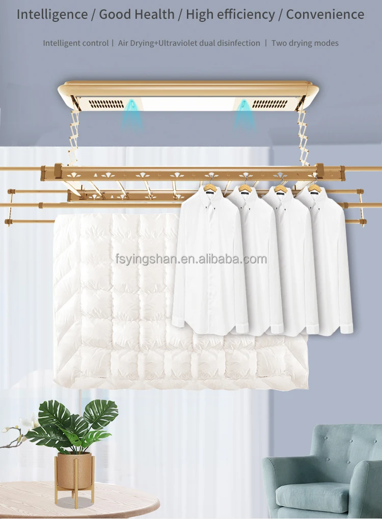 Factory Direct Sale Champaign Gold Aluminium Smart Electric Ceiling Mounted Hanging Clothes Drying Rack With Led Light