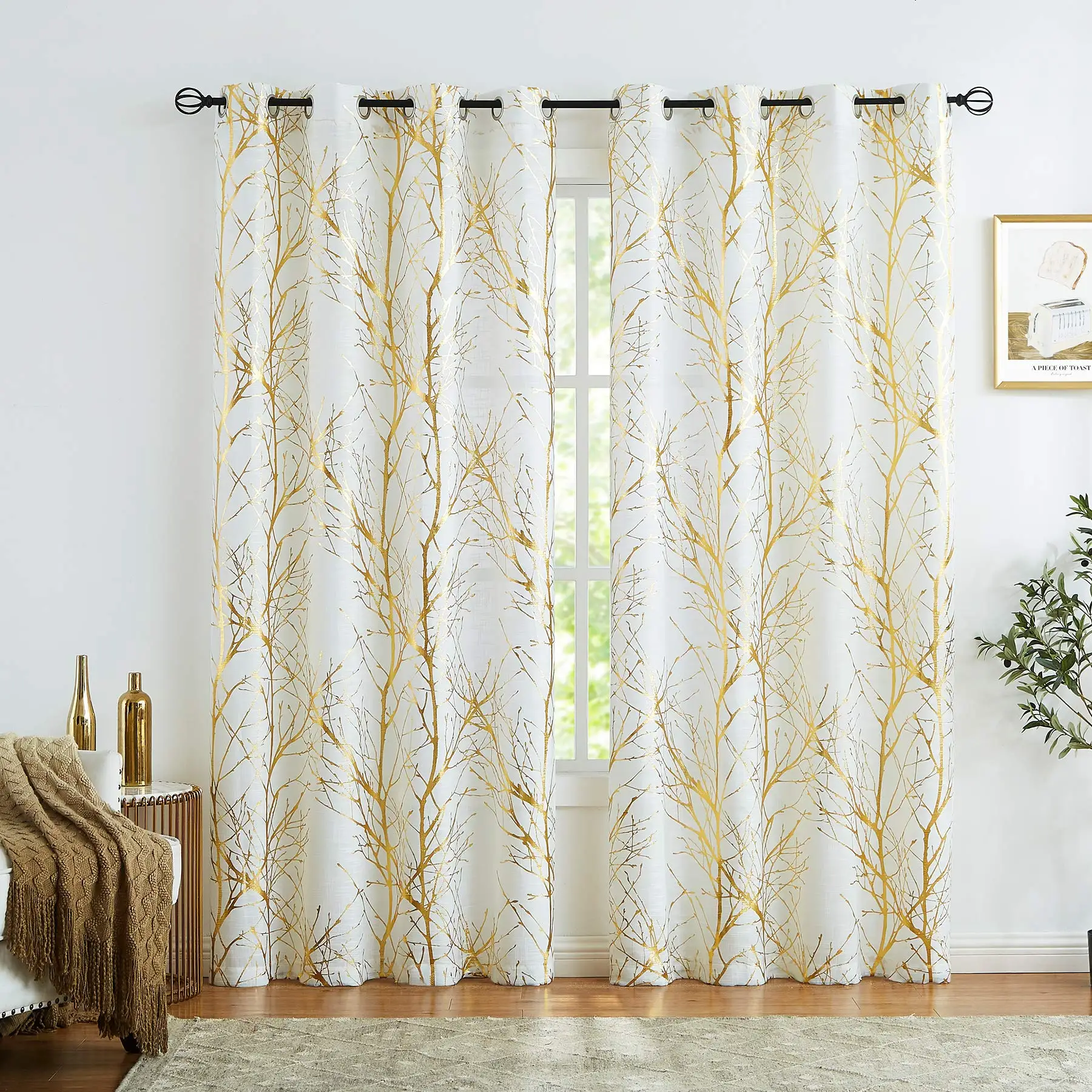 High End  wholesale Branch print semi-transparent linen curtain fabric for bedroom