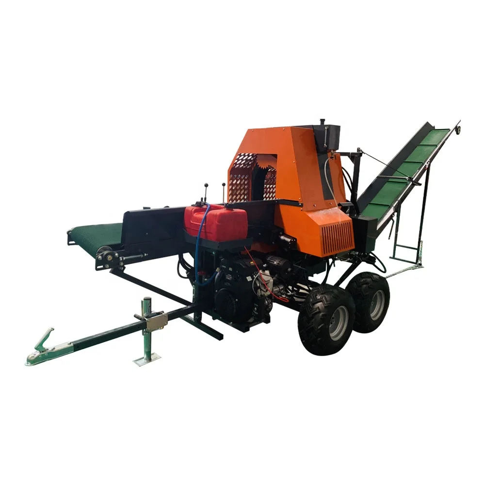 Gasoline powered firewood processor with joystick controls the feeding, sawing, and splitting of logs