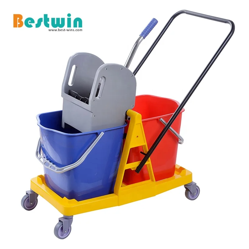 Housekeeping Cleaning Cart Janitorial Supplies Plastic Double Mop Bucket Trolley with Wringer