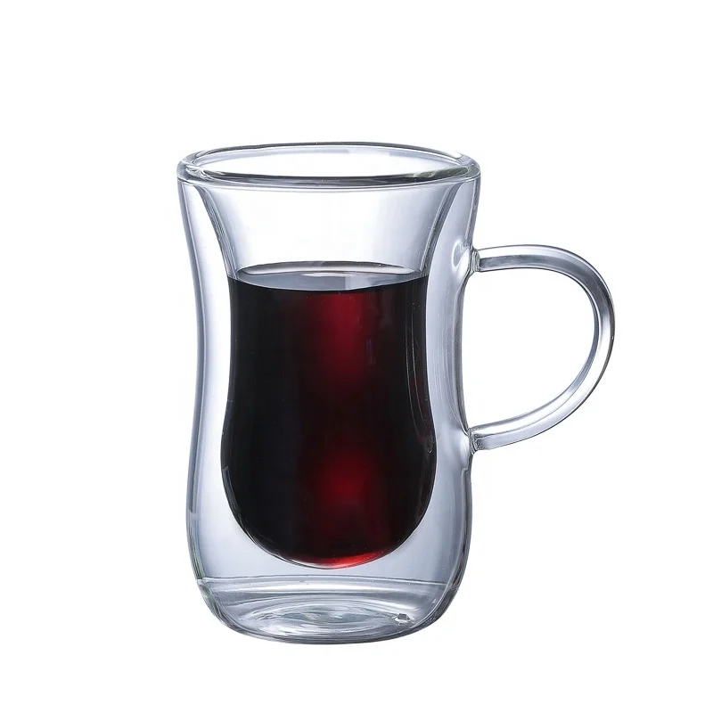 Wholesale Customized Logo Large 80ml Clear  Double Wall Glass Coffee Tea Cups Mugs With Handle