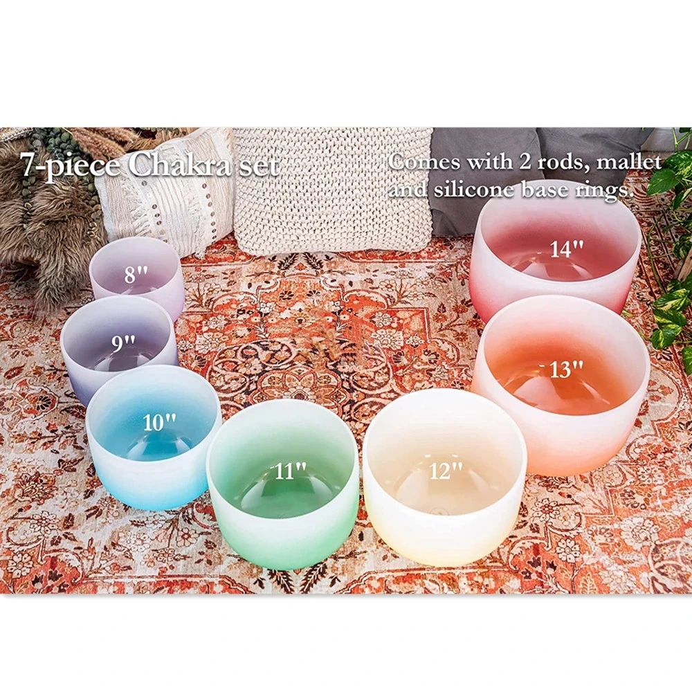 KVKA 8-14 Inch Half Colored Chakra Frosted Quartz Crystal Singing Bowl Gradient Design With Cases
