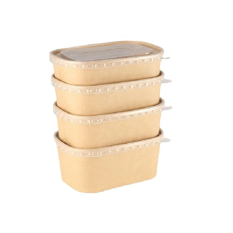 In Stock Rectangular Paper Containers Pla Pla Dome Lid Rectangle Paper Bowl Bibimbap For Take Away