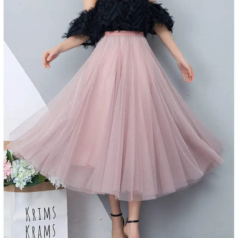 720 Degrees Women Mesh Ballet Tulle Pleated Skirt A-line Elastic Waist Girls Sweet Pleated Elegant Skirts Women Long Skirt