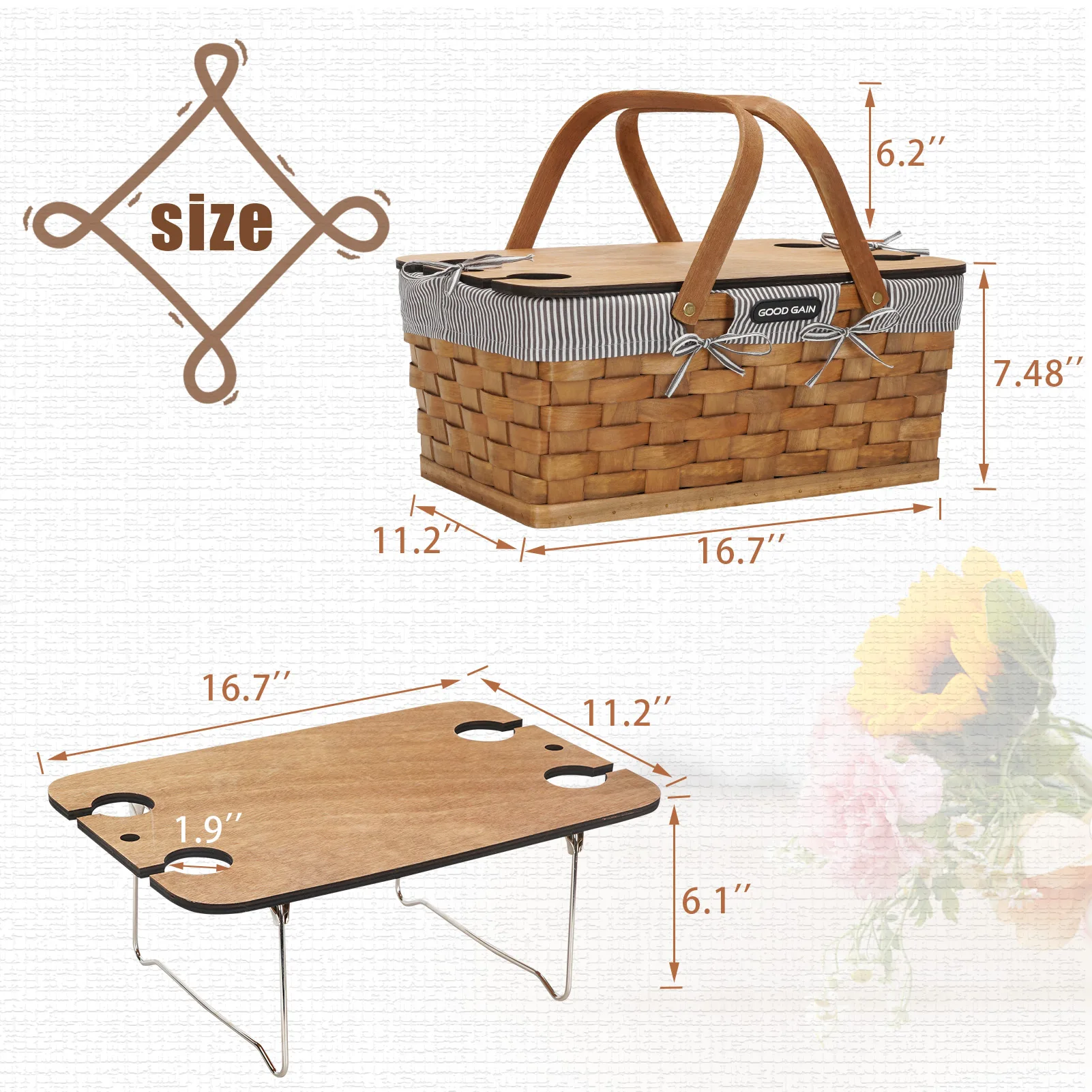 Woodchip Picnic Basket for 4 Persons with Portable Wine Table