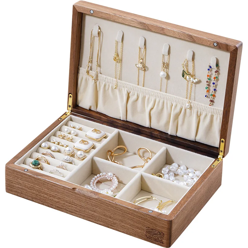 Wholesale Handmade Luxury Wooden Walnut Large Jewelry Box Organizer Wood Jewellery Earring Ring Watch Necklace Girl Gift Case