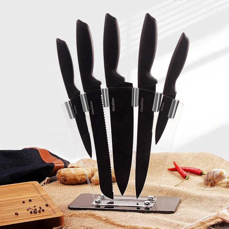 Set of 6 Non-stick Black coated blade kitchen   Knife Set with ABS Stainless Steel Acrylic Block