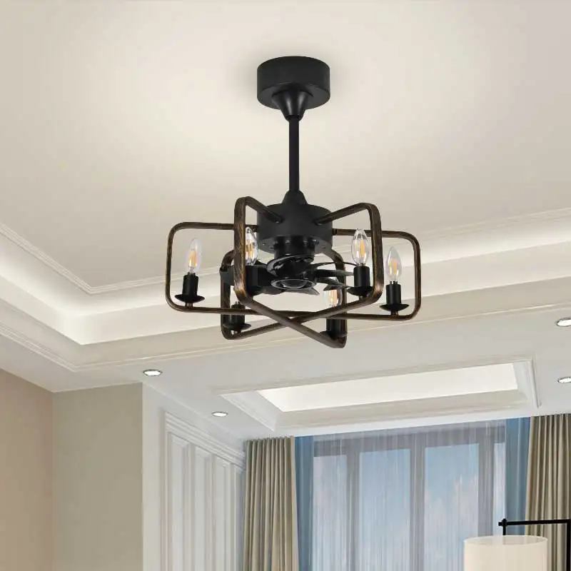 Caged Ceiling Fans Farmhouse 18 Inch Flush Mount Vintage Bladeless Rustic Chandeliers Fan Remote Bedroom Ceiling Fan with Light