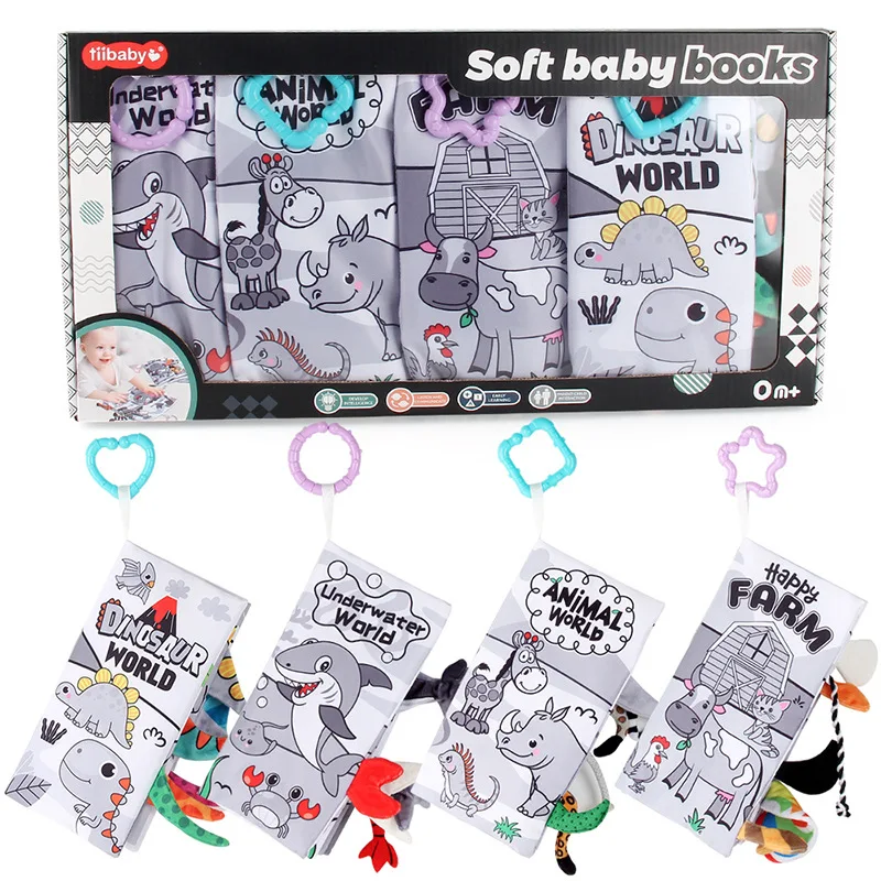 Infant Early Education Soft Washable Black White Fabric Cloth Book Set Toy High Quality Washable Soft Tails Teethers Fabric Book