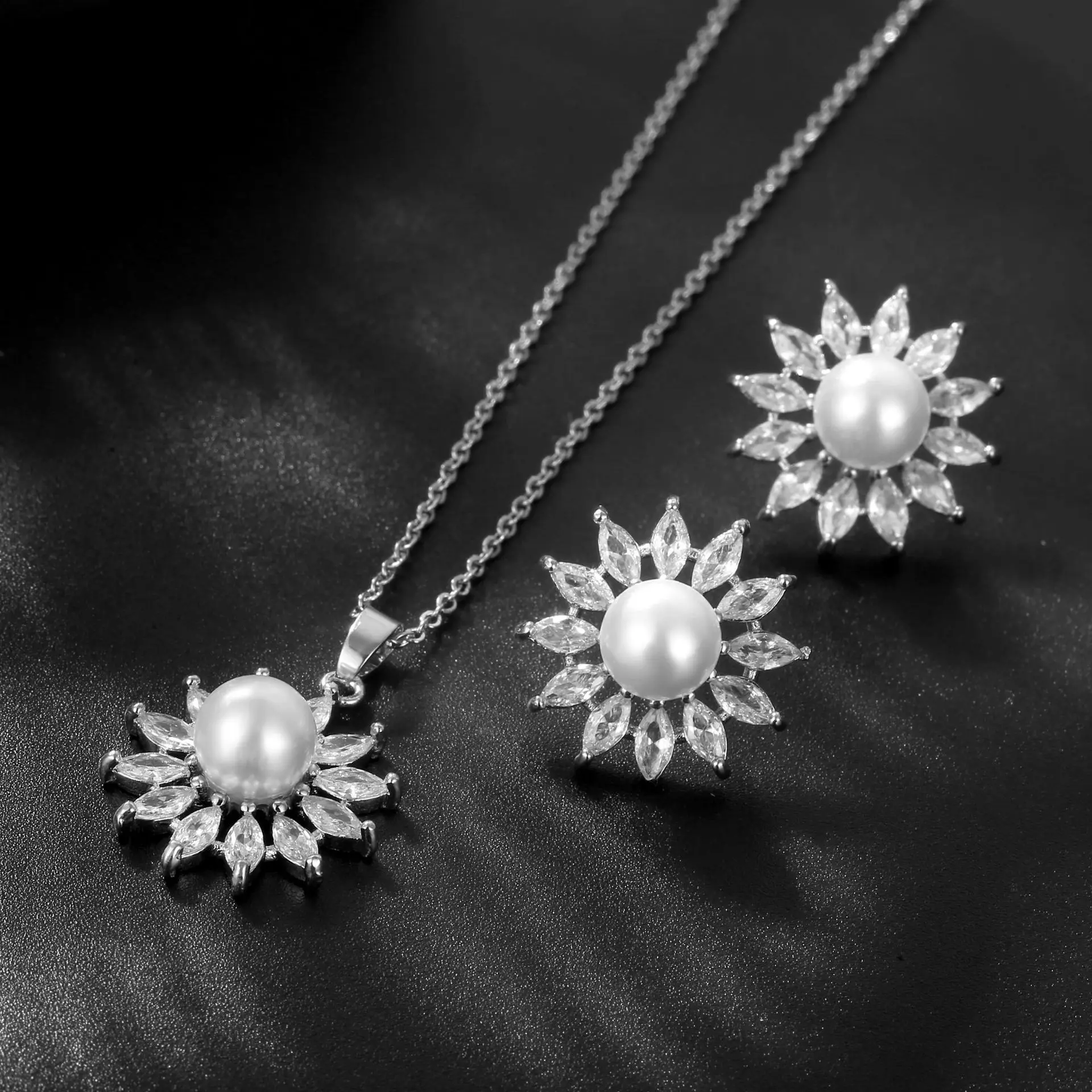  Hainon cheap jewelry set stud earring necklace Flower White zircon Pearl 925 silver plated white Cheap