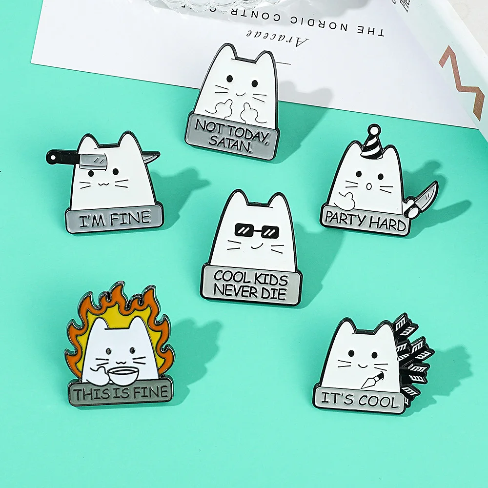 Wholesale Cartoon Quirky White Cat Metal Badge Cute Lapel Pin Personality Alloy Paint Brooch